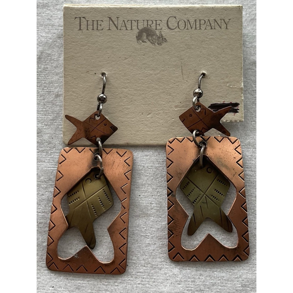 Signed Anna Copper & Brass Dangle Fish Earrings Estate Jewelry